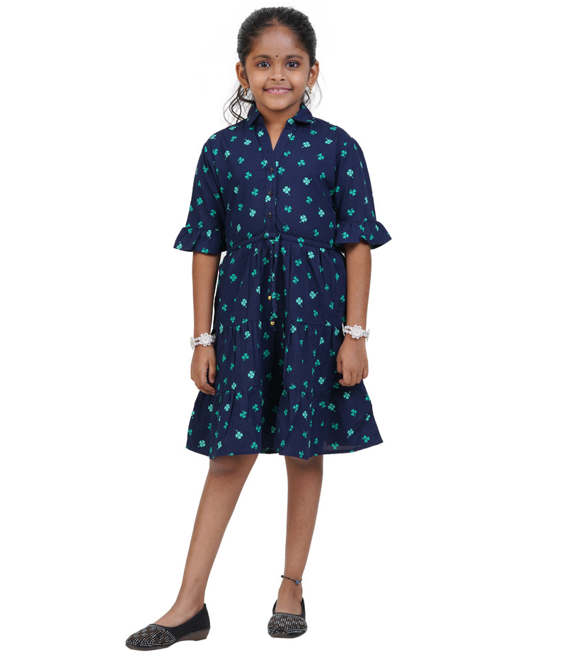 Girls Dark Blue Printed Ruffled-Sleeve Dress