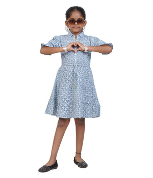 Girls' Blue and White Printed Shirt Dress with Belt