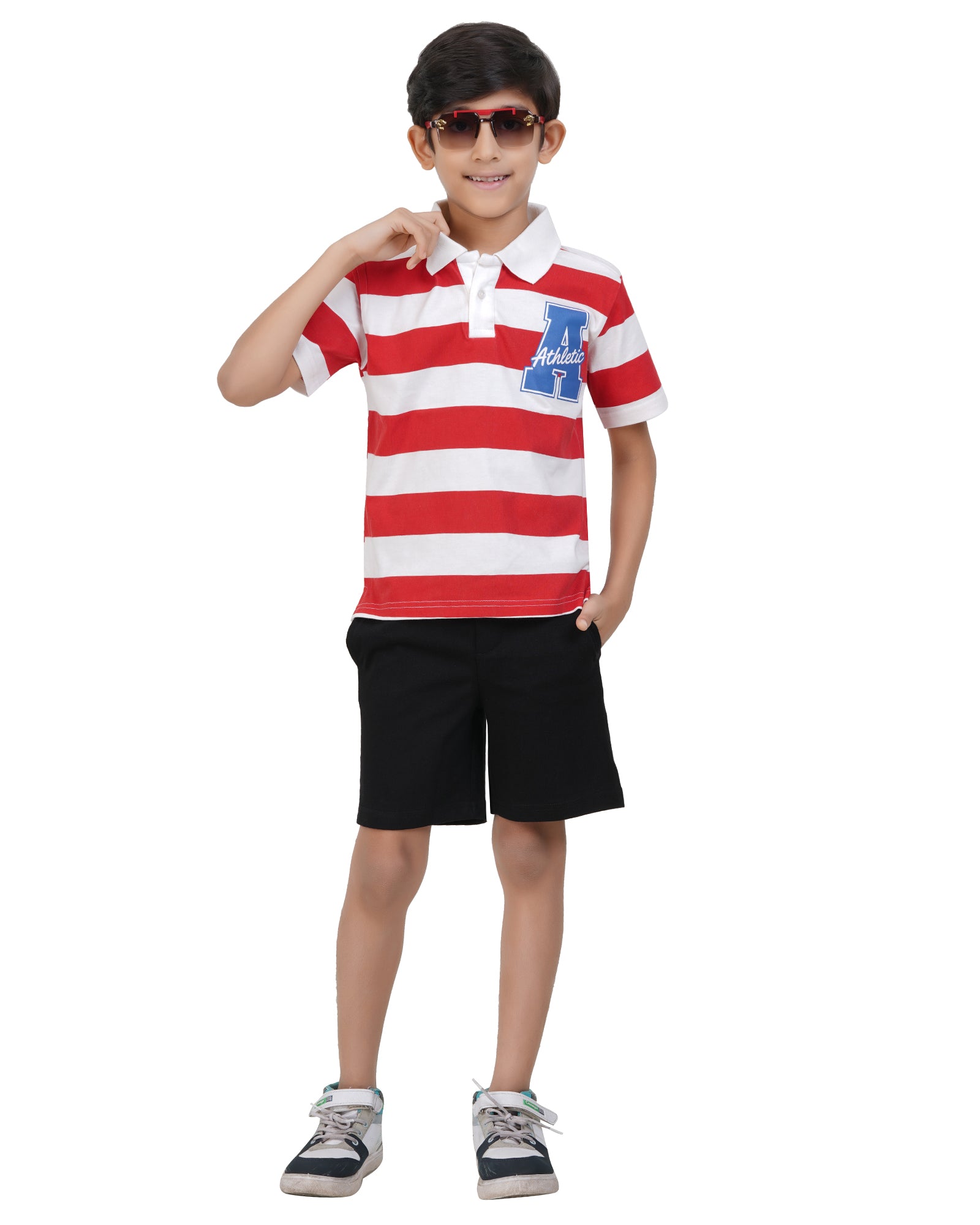 Striped Polo Shirt Black Casual Short