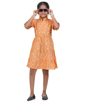 Girls Navy Blue Clover Printed Tiered Casual Dress