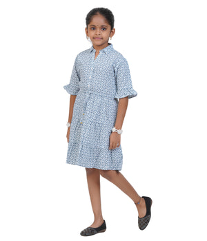 Girls' Blue and White Printed Shirt Dress with Belt