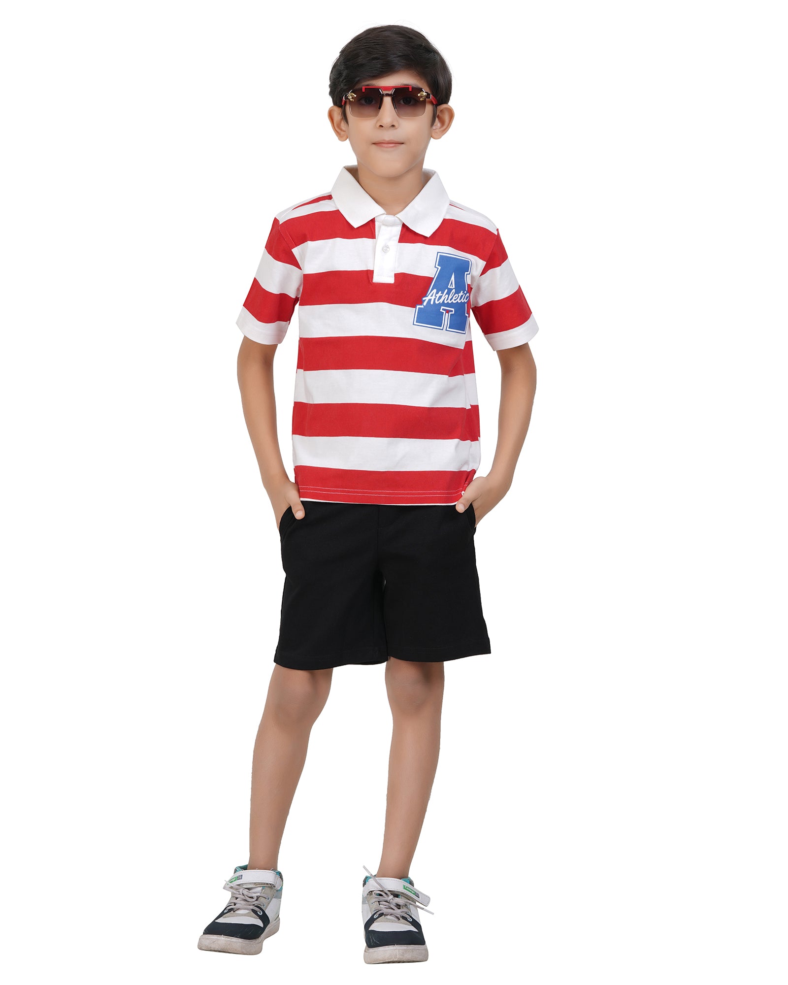 Striped Polo Shirt Black Casual Short