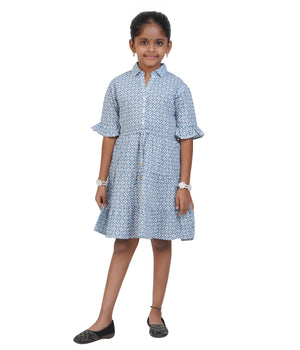 Girls' Blue and White Printed Shirt Dress with Belt