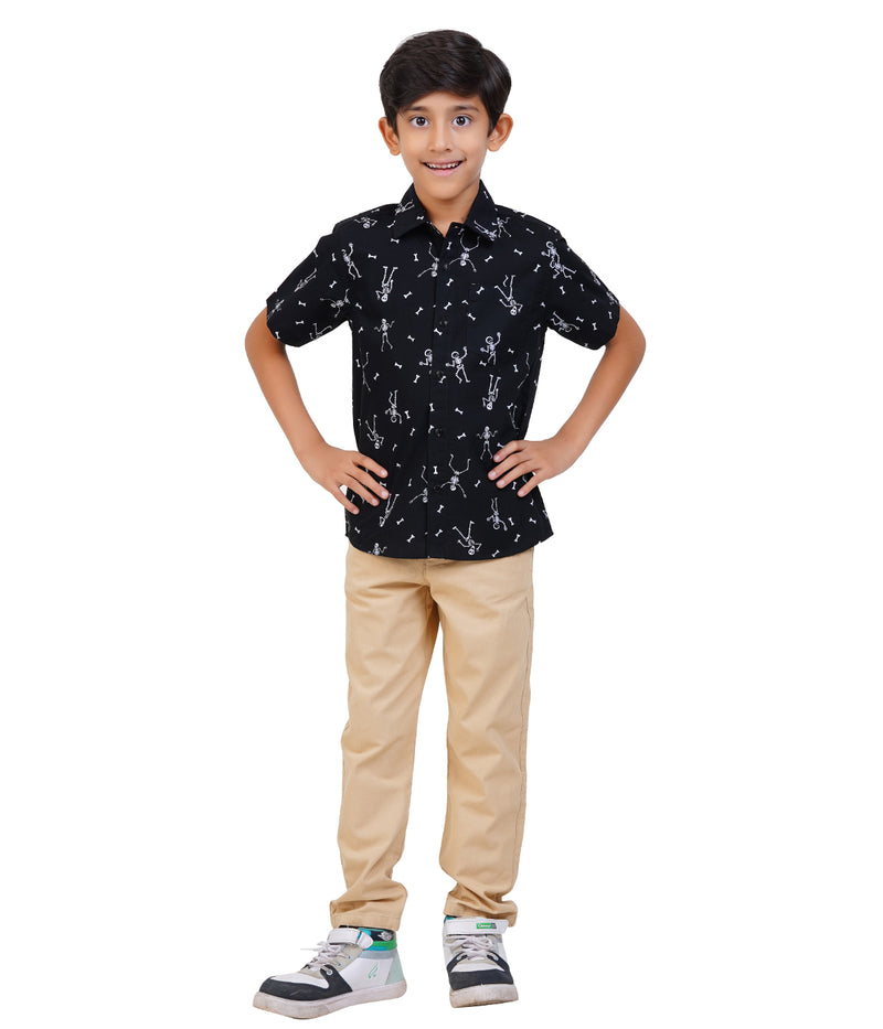 Boys Black Stick-figure Printed Casual Shirt