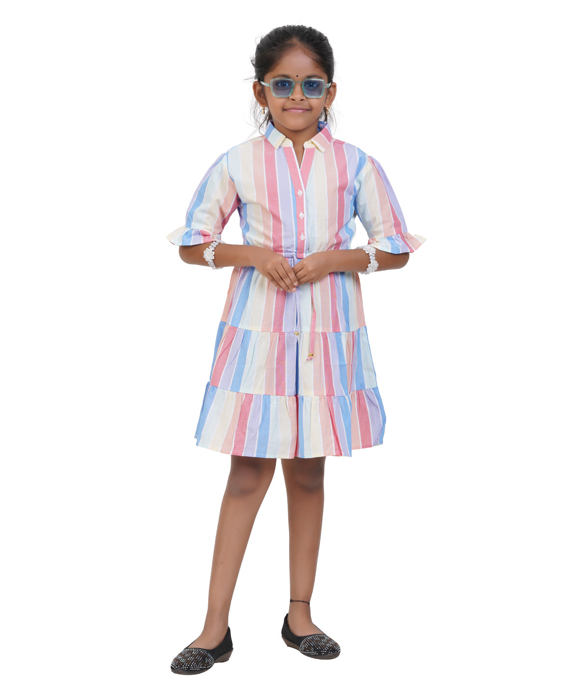 Girls Pastel Multi-Stripe Tiered Casual Dress