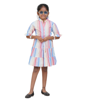 Girls Pastel Multi-Stripe Tiered Casual Dress