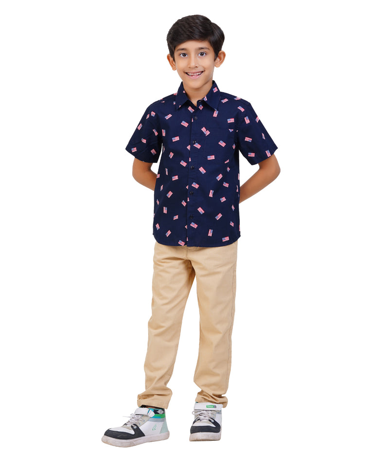Boys Navy Blue Printed Casual Shirt