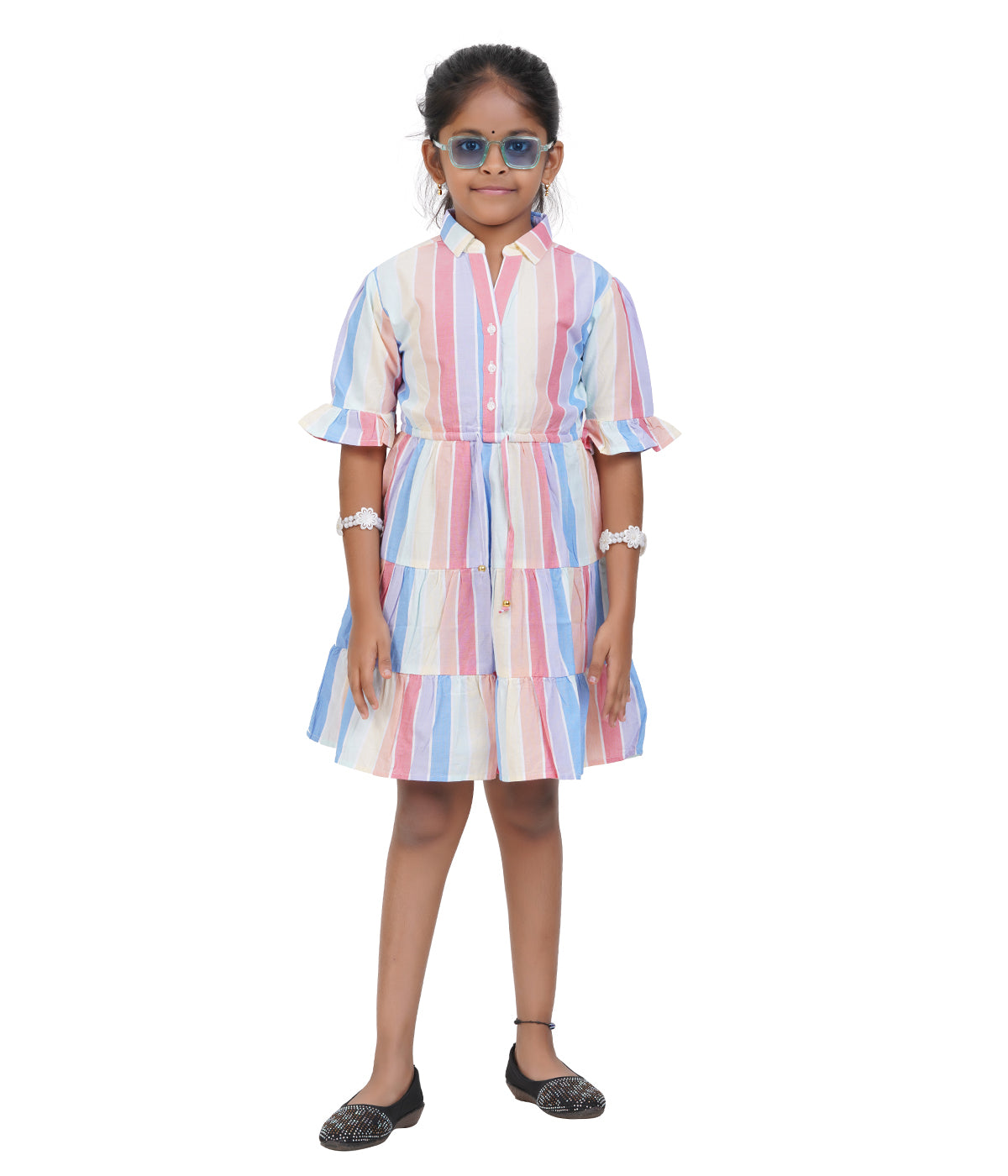 Girls Pastel Multi-Stripe Tiered Casual Dress