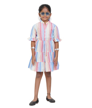 Girls Pastel Multi-Stripe Tiered Casual Dress