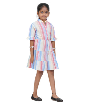 Girls Pastel Multi-Stripe Tiered Casual Dress
