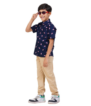 Boys Navy Blue Printed Casual Shirt
