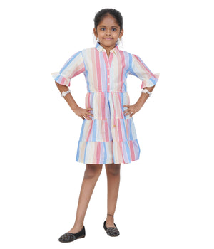 Girls Pastel Multi-Stripe Tiered Casual Dress