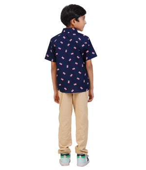 Boys Navy Blue Printed Casual Shirt