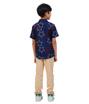 Boys Navy Blue Star Printed Casual Shirt