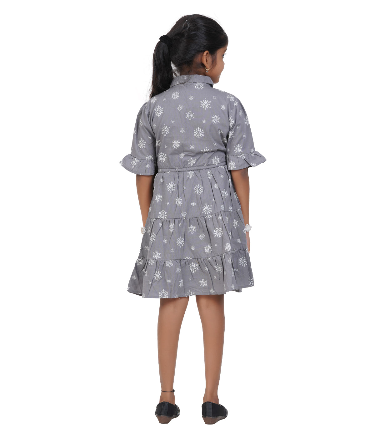 Girls' Blue & White Floral Print Belted A-Line Dress