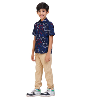 Boys Navy Blue Star Printed Casual Shirt