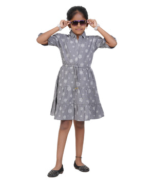 Girls' Blue & White Floral Print Belted A-Line Dress