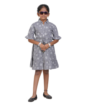 Girls' Blue & White Floral Print Belted A-Line Dress