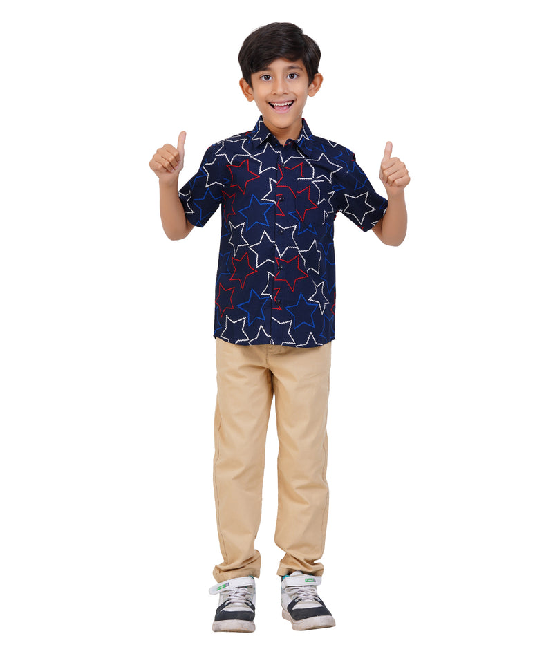 Boys Navy Blue Star Printed Casual Shirt