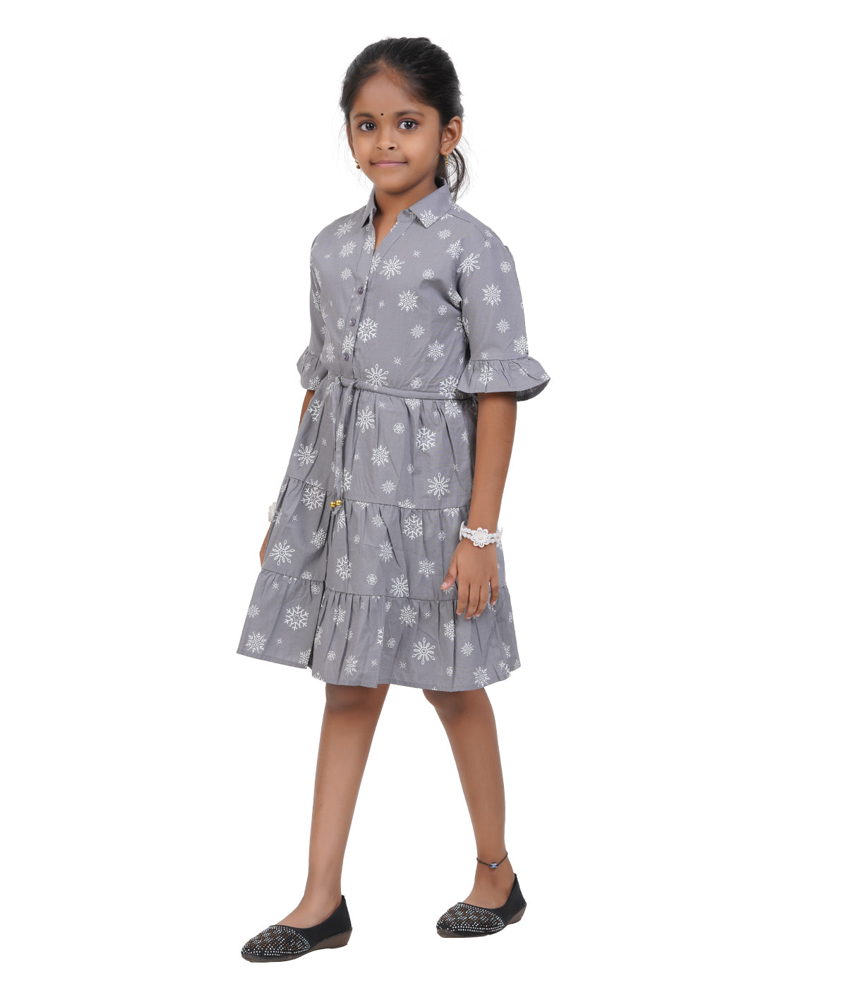 Girls' Blue & White Floral Print Belted A-Line Dress