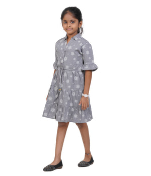 Girls' Blue & White Floral Print Belted A-Line Dress