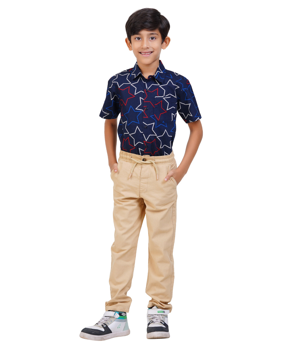 Boys Navy Blue Star Printed Casual Shirt