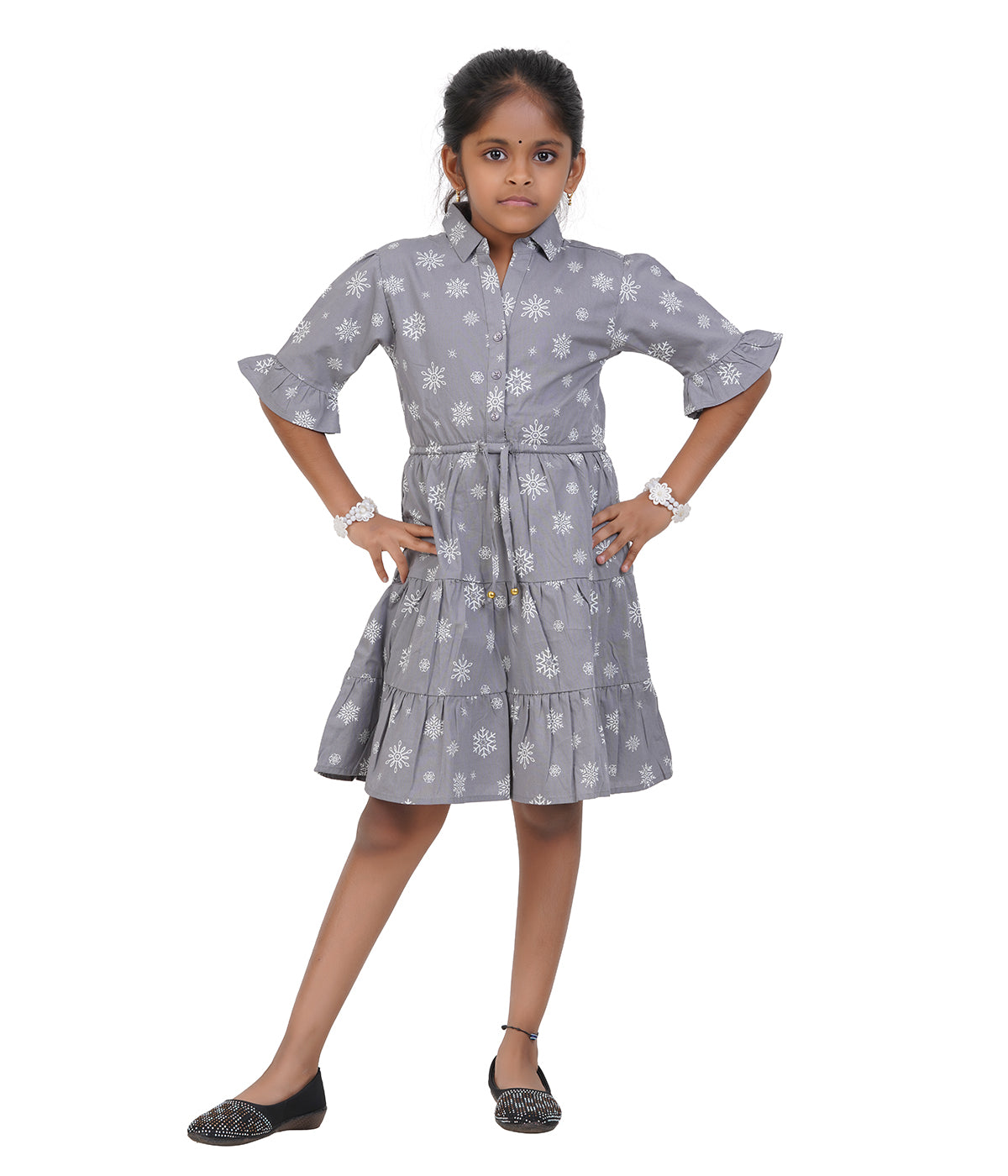 Girls' Blue & White Floral Print Belted A-Line Dress