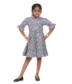 Girls' Blue & White Floral Print Belted A-Line Dress