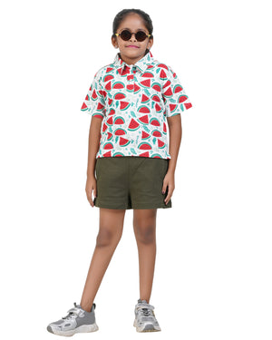 Watermelon Print Short Sleeve Collared Shirt