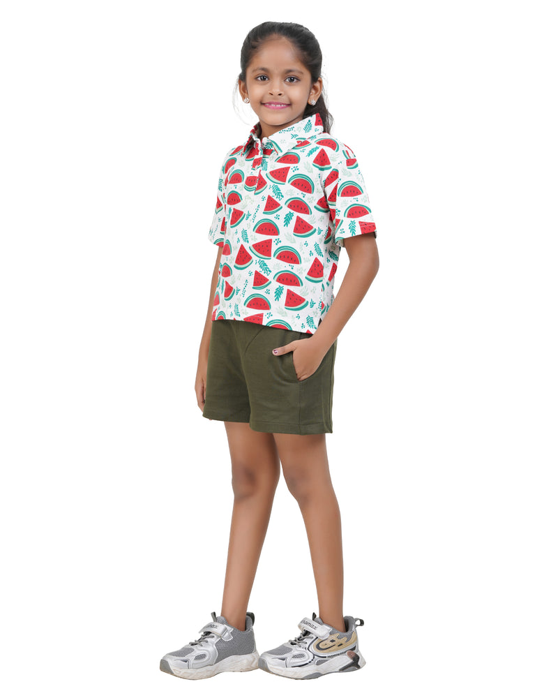 Watermelon Print Short Sleeve Collared Shirt