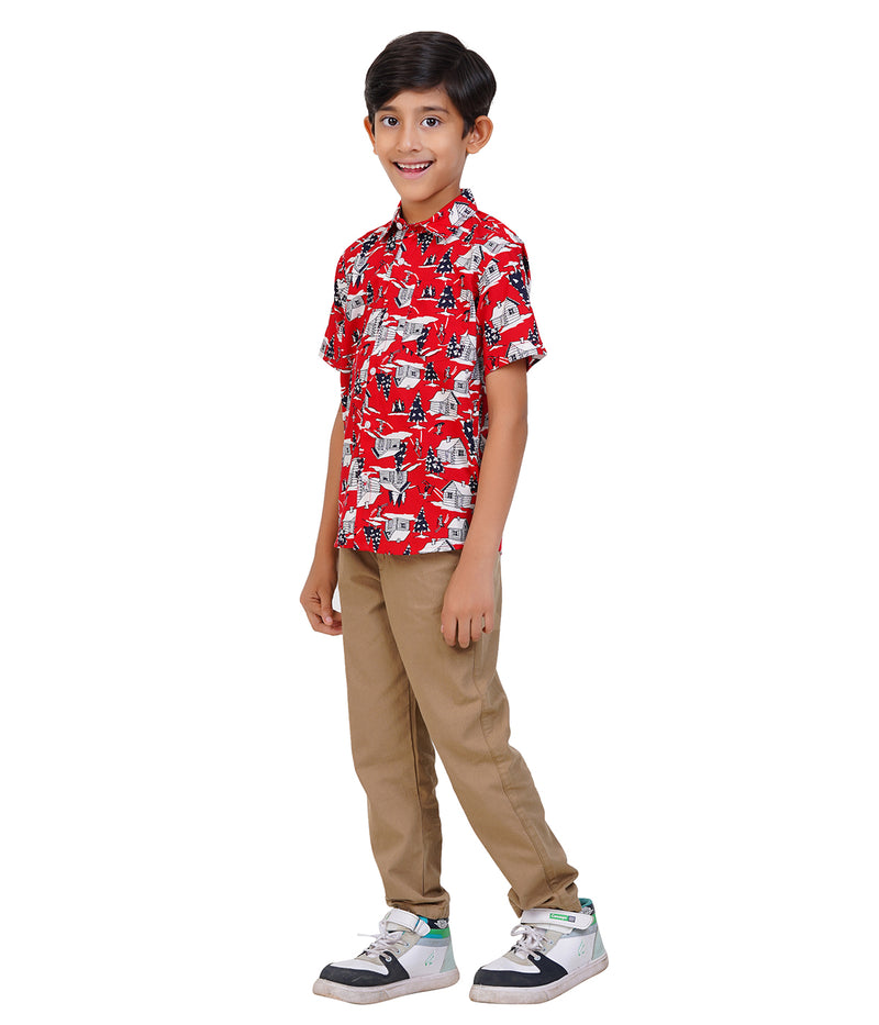 Boys Red Printed Casual Shirt