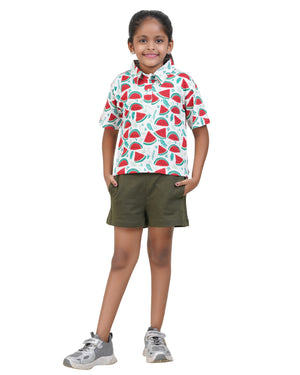 Watermelon Print Short Sleeve Collared Shirt