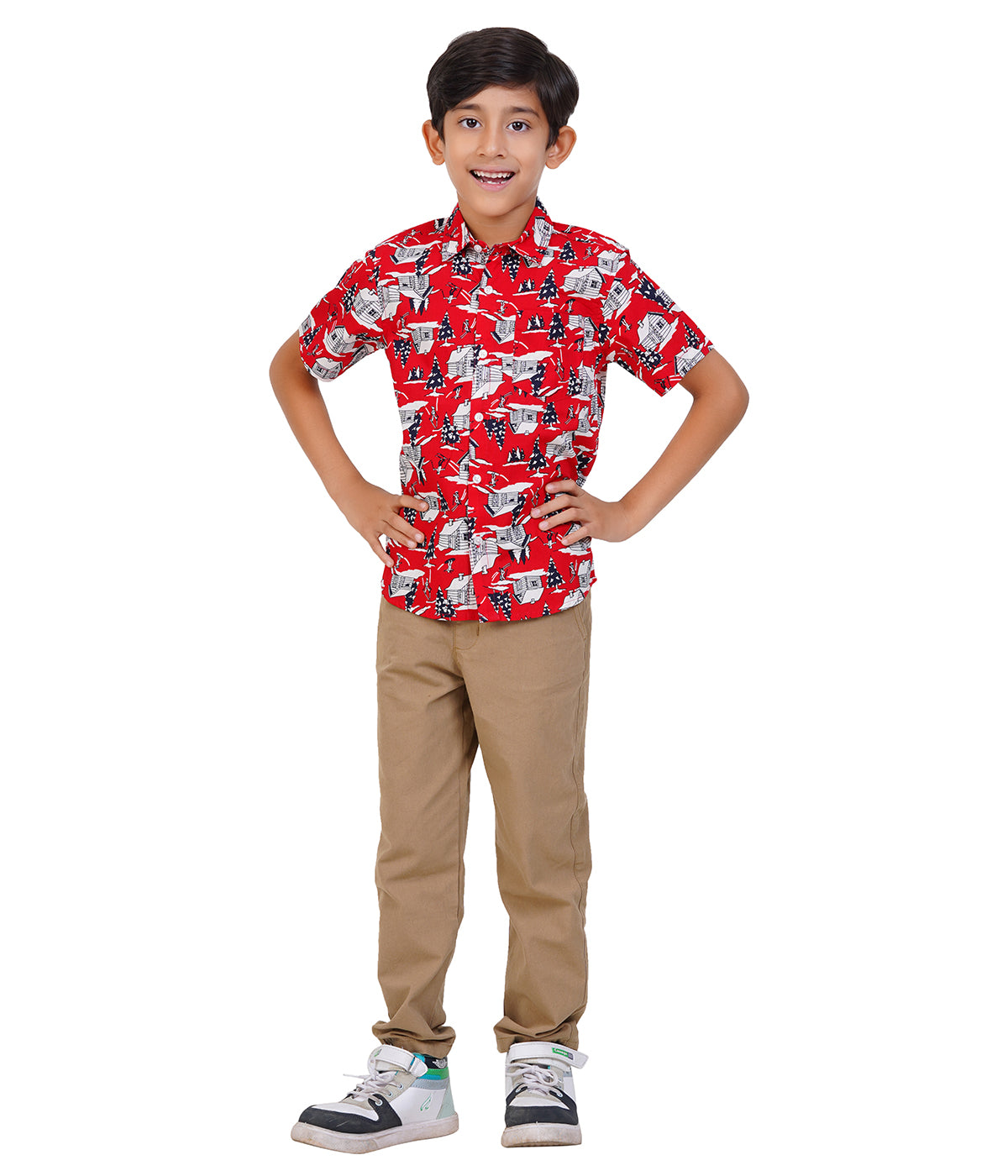 Boys Red Printed Casual Shirt