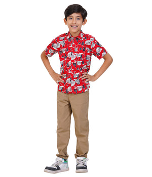Boys Red Printed Casual Shirt