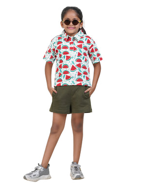 Watermelon Print Short Sleeve Collared Shirt