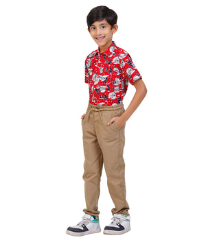 Boys Red Printed Casual Shirt