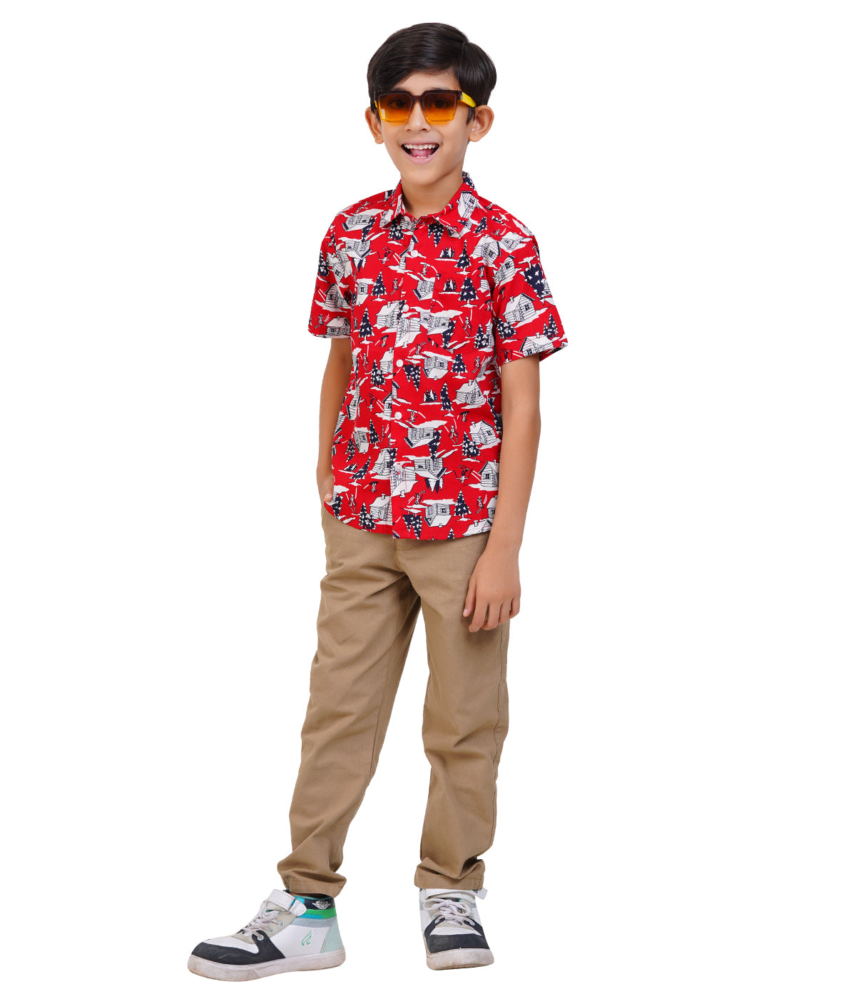 Boys Red Printed Casual Shirt