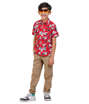Boys Red Printed Casual Shirt