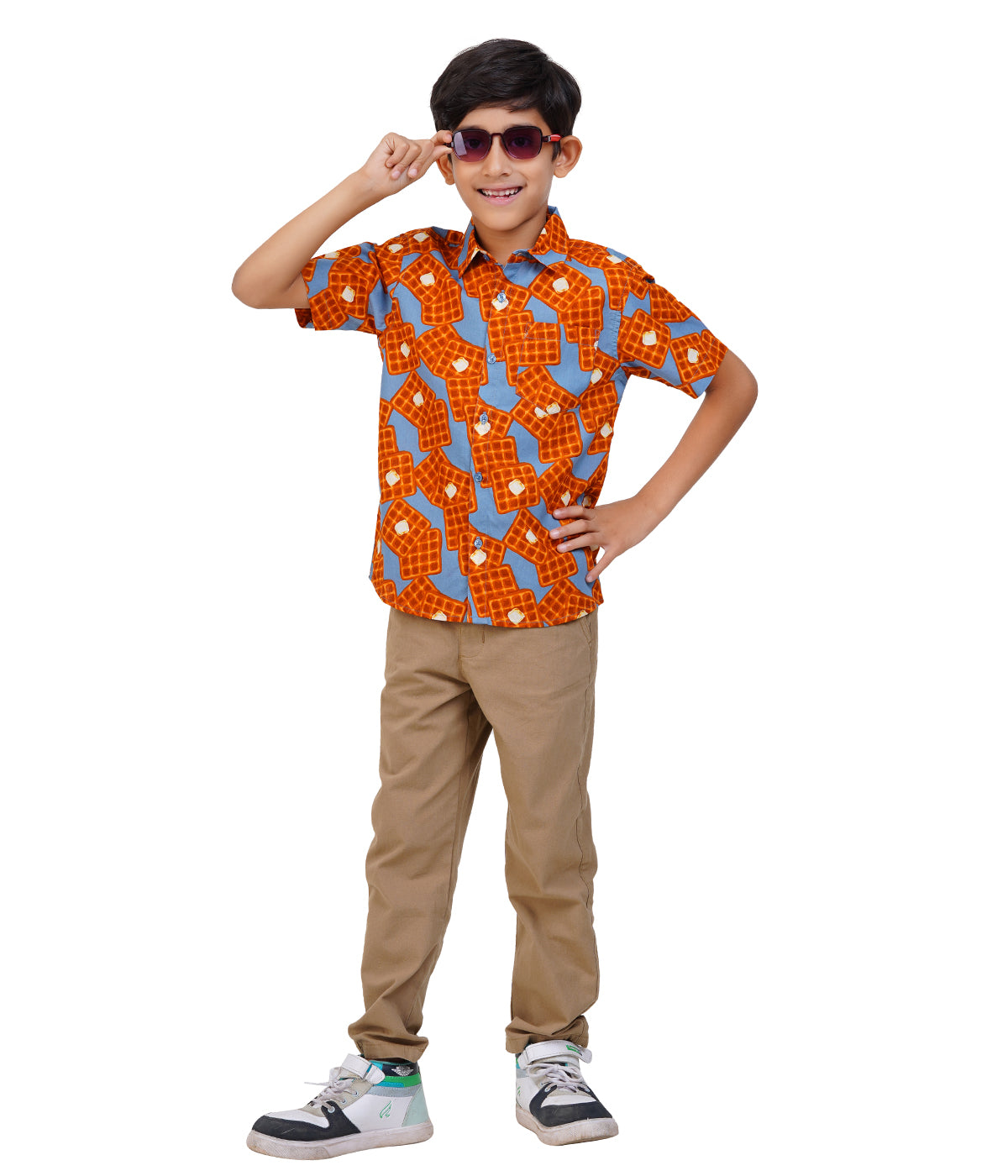 Boys Orange & Blue Printed Casual Shirt