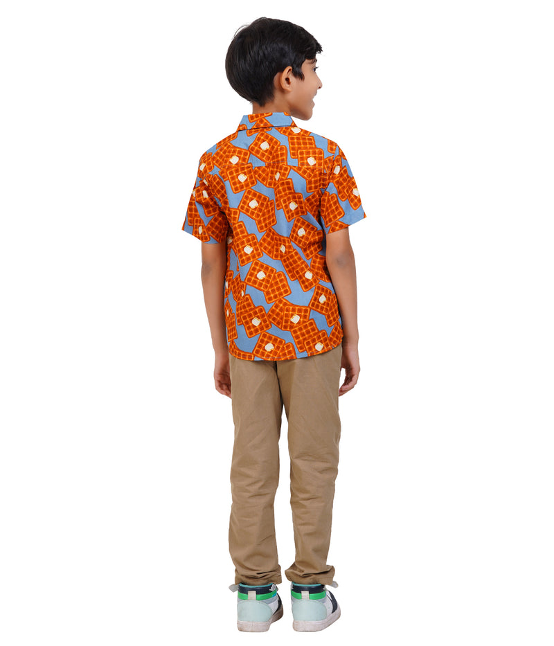 Boys Orange & Blue Printed Casual Shirt