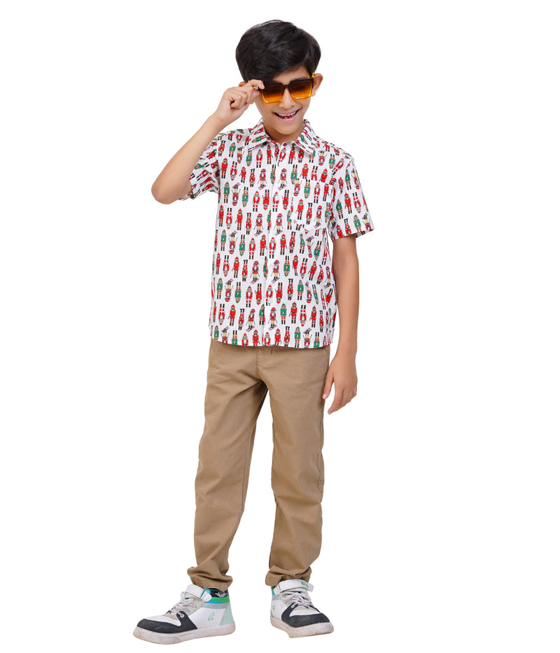 Boys White Printed Casual Shirt