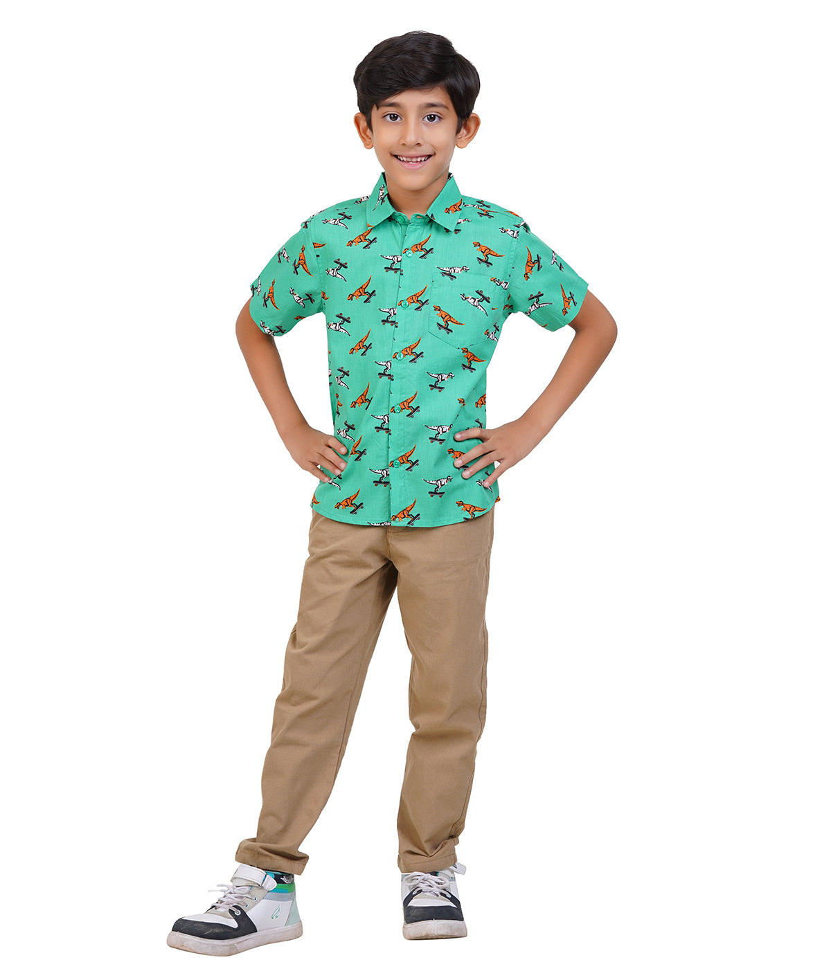 Green with multicolor printed design