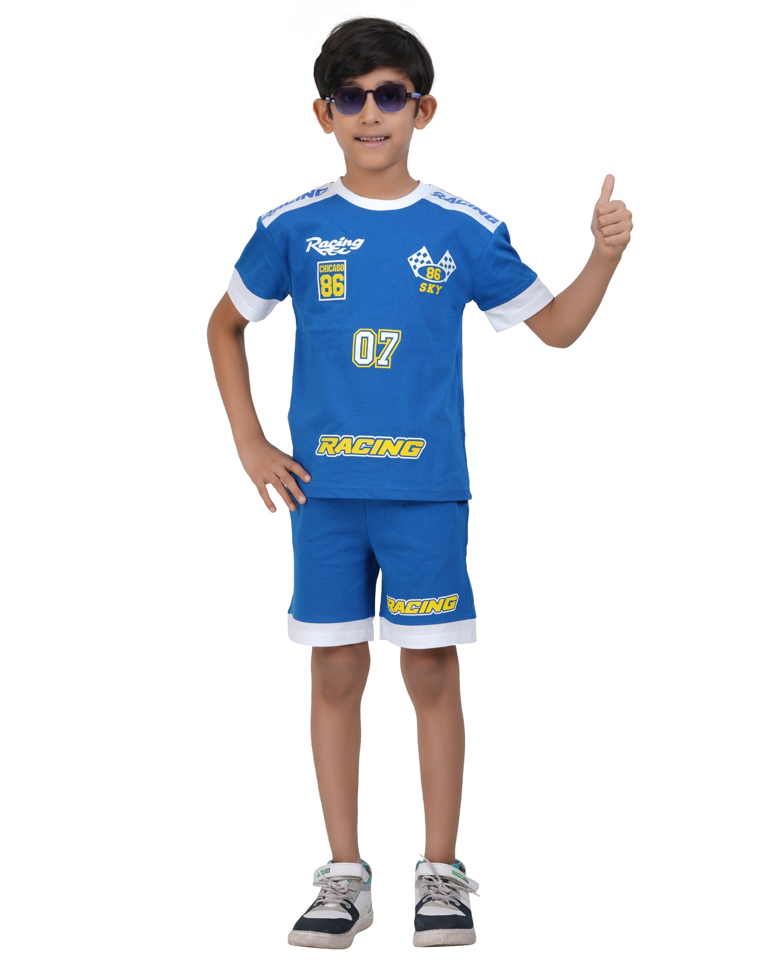 Boys royal blue racing shorts set