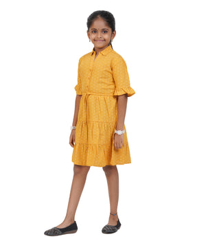 Girls Mustard Yellow Small Dot Tiered Casual Dress